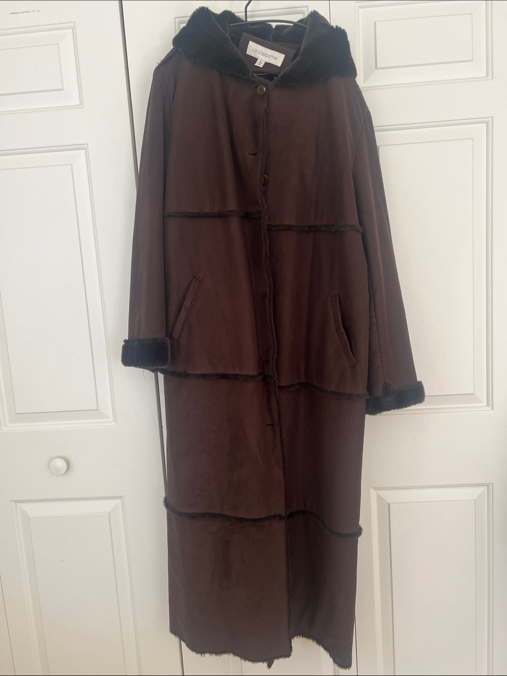 Liz Claiborne Dark Brown Long Faux-Suede Hooded Trench Coat